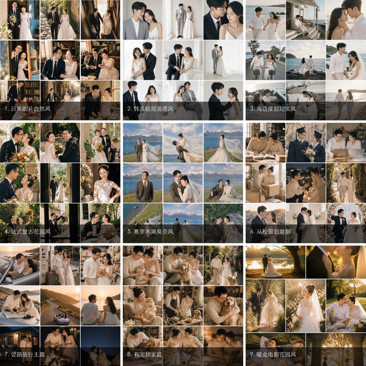 九种 AI 婚纱照风格总览